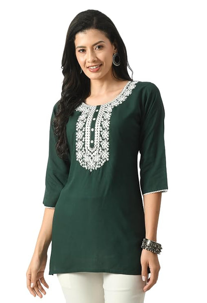 LIBOZA Short Kurta for Women – Lakhnowi Chikankari Embroidered Ladies Kurti, Ethnic Half Kurtas, Stylish Girls Top, Tunic Design Woman Kurtis Green