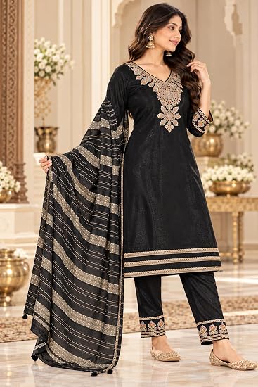LIBOZA Women Kurta Pant Set with Dupatta Roman Glass Fabric-Black