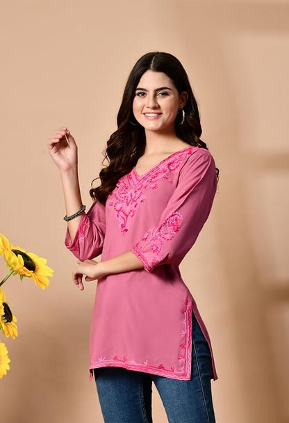 LIBOZA Embroidered Kashmiri Tunic Top, Short Kurti for Women on Jeans, V-Neck, 3/4 Sleeve, Floral Design,