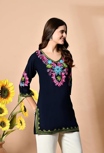 LIBOZA Embroidered Kashmiri Tunic Top, Short Kurti for Women on Jeans, V-Neck, 3/4 Sleeve, Floral Design,