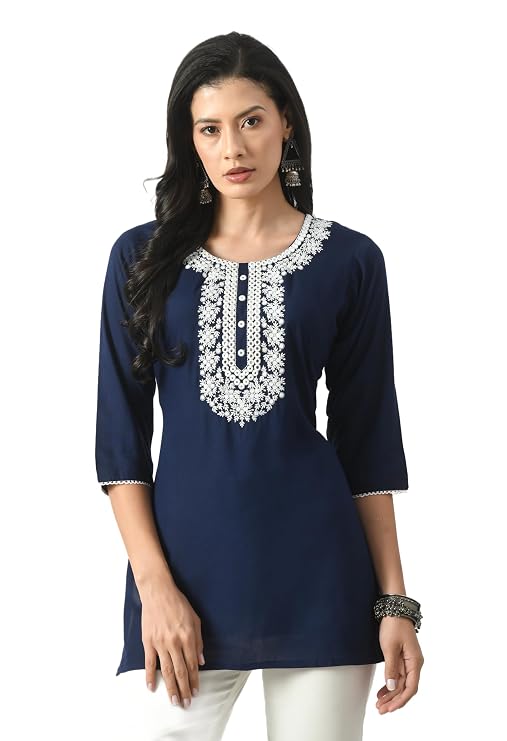 LIBOZA Short Kurta for Women – Lakhnowi Chikankari Embroidered Ladies Kurti, Ethnic Half Kurtas, Stylish Girls Top, Tunic Design Woman Kurtis Navy Blue