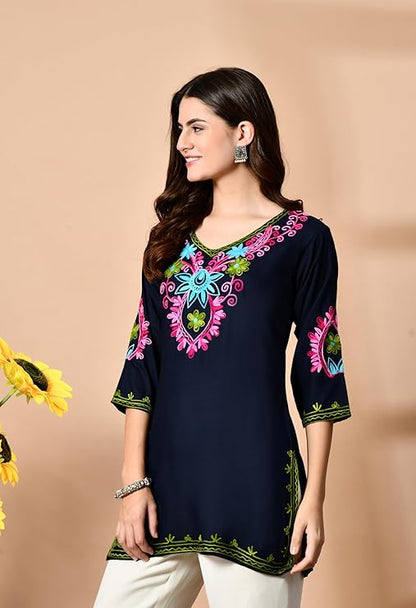 LIBOZA Embroidered Kashmiri Tunic Top, Short Kurti for Women on Jeans, V-Neck, 3/4 Sleeve, Floral Design,