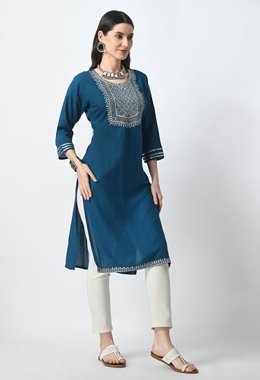Embroidered Straight Design Kurtis for Woman-Petrol Blue