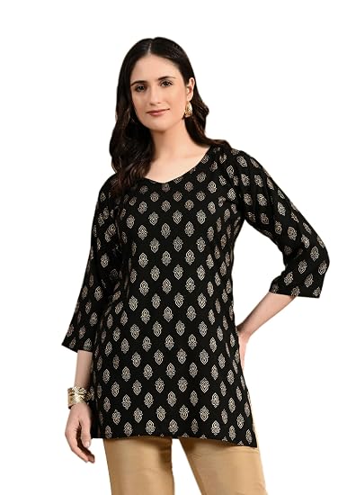 Rayon Cotton  Short Kurtis for Ladies-Black