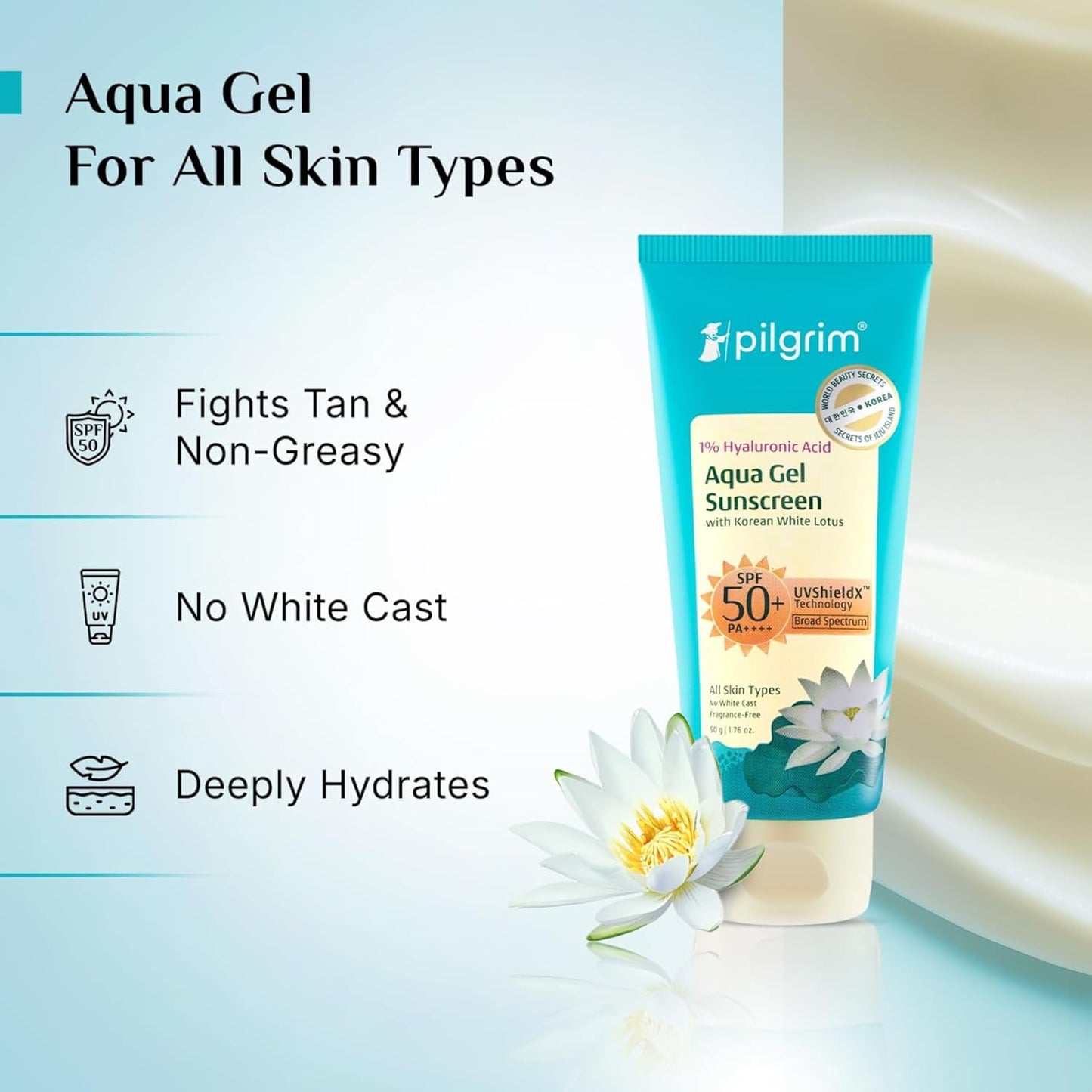 Pilgrim 1% Hyaluronic Acid SPF 50 Pa+++ Sunscreen Gel 50 GRAM