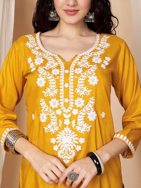 Short Kurti for Women for Jeans, Chikankari Kurtis for Ladies, Lakhnavi V- Neck Women's Tunic Design Kurta, Floral Kurtas & Tunics for Woman