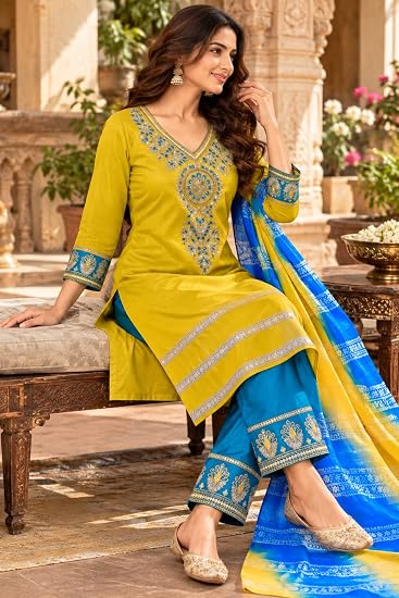 LIBOZA Women Kurta Pant Set with Dupatta Roman Glass Fabric-Yellow