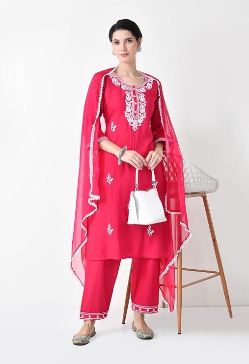 LIBOZA Chikankari Kurta Set for Women, Royon Cotton Straight Design Salwar Suit for Wedding, Diwali & Festival Kurti Pant With Dupatta, Suits Sets for Girls (IN, Alpha, 2XL, PINK)