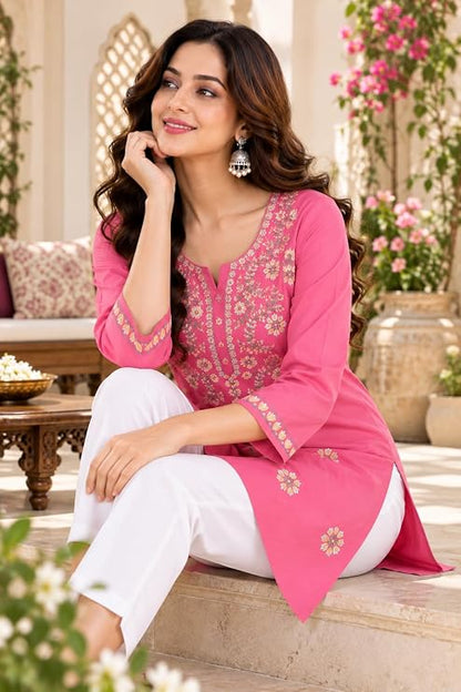 LIBOZA Kurti for Women - Short Chikankari Kurtis for Girls, Lakhnawi Pink