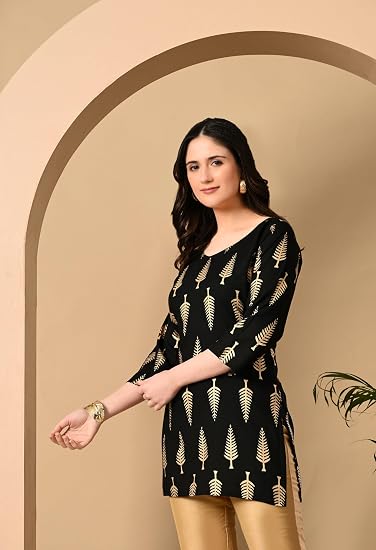Gold printed Short Kurti for Women-Black