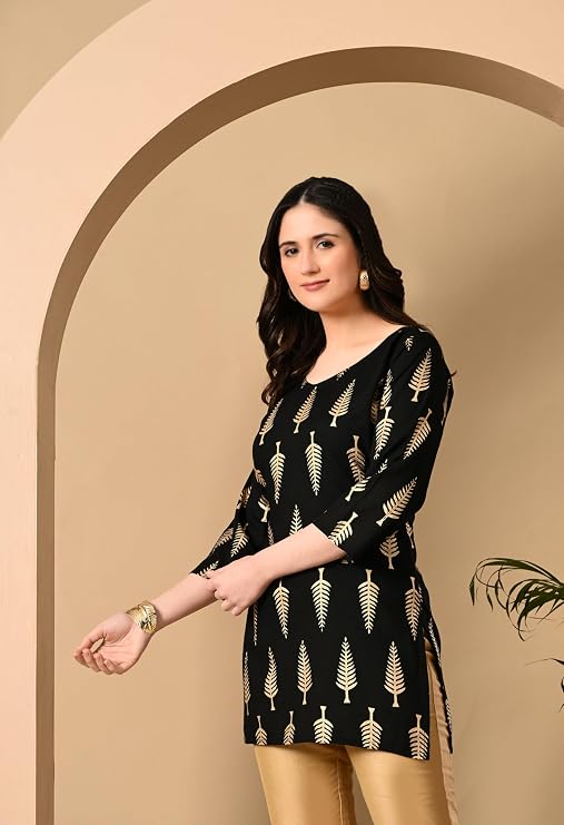 LIBOZA Short Kurti for Women for Jeans, Rayon Cotton Kurtis for Ladies, Gold Printed U Neck Women's Tunic Design Kurta, Top Floral Kurtas for Woman