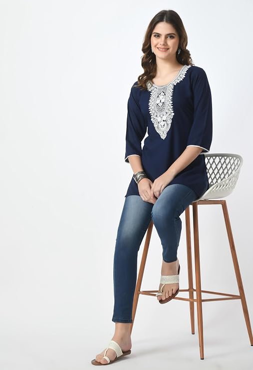 LIBOZA Women's Pure Cotton Flex Print Short Kurti, Full Umbrella Sleeves, Navy Blue and Black, Casual and Office Wear