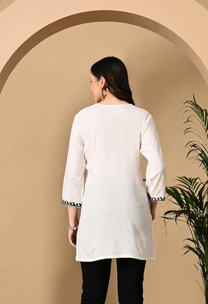 LIBOZA Women's Chikankari Embroidered Short Kurti, Rayon Fabric, Three-Quarter Sleeves, Available in Pink, Black, Mustard Yellow, White, Pista and Green