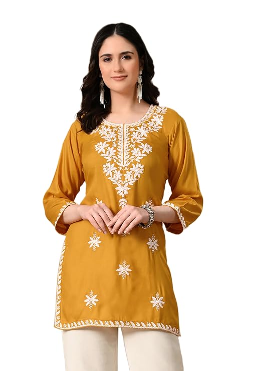 LIBOZA Women's Chikankari Embroidered Short Kurti, Rayon Fabric, Three-Quarter Sleeves, Available in Pink, Black, Mustard Yellow, White, Pista and Green