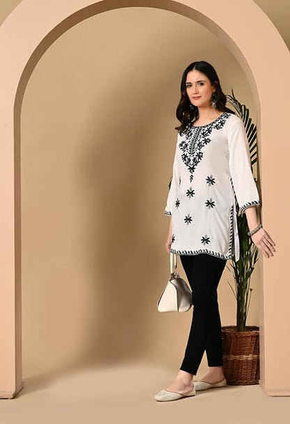 LIBOZA Women's Chikankari Embroidered Short Kurti, Rayon Fabric, Three-Quarter Sleeves, Available in Pink, Black, Mustard Yellow, White, Pista and Green