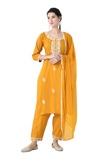 Chikankari Kurta Set for Women-Yellow