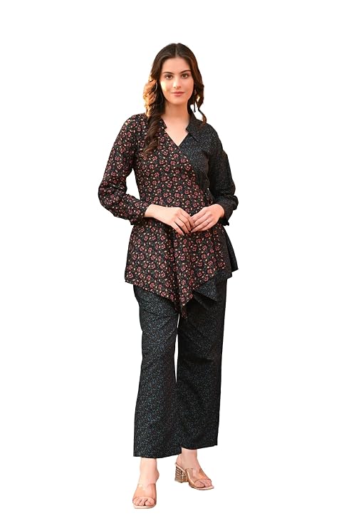LIBOZA Women's Floral Print Cotton Angrakha Kurta with Pant Set – Stylish Ethnic Wear for All Occasions, Comfortable & Trendy Design