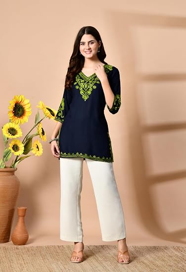 Embroidered Kashmiri Short Kurti -Navy Blue
