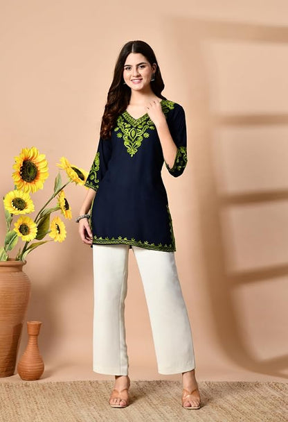 LIBOZA Embroidered Kashmiri Tunic Top, Short Kurti for Women on Jeans, V-Neck, 3/4 Sleeve, Floral Design,