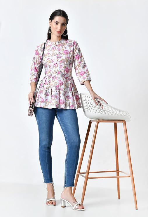 LIBOZA Women's Cotton Floral Print Box Pleated Kurti, Pink