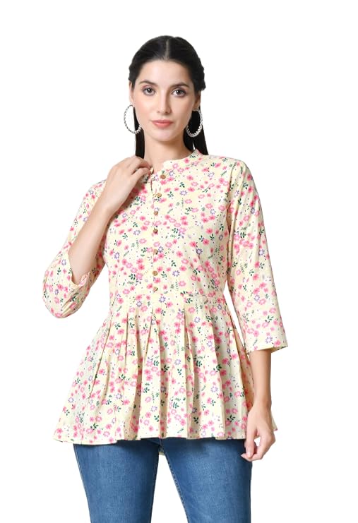 LIBOZA Women's Cotton Floral Print Box Pleated Kurti, Pink
