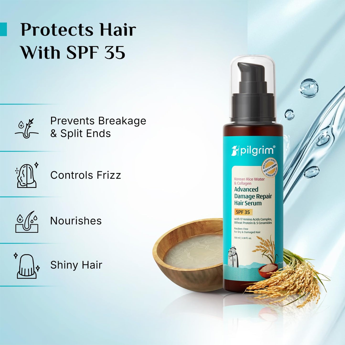 PILGRIM Korean Rice Water & Collagen Advanced Damage Repair Hair Serum SPF 35 100ML