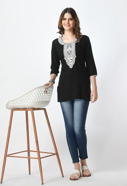 LIBOZA Women's Pure Cotton Flex Print Short Kurti, Full Umbrella Sleeves, Navy Blue and Black, Casual and Office Wear