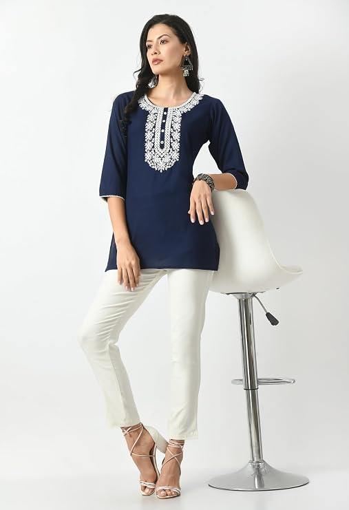 LIBOZA Short Kurta for Women – Lakhnowi Chikankari Embroidered Ladies Kurti, Ethnic Half Kurtas, Stylish Girls Top, Tunic Design Woman Kurtis Navy Blue