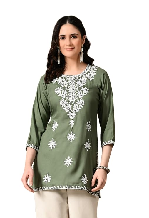 LIBOZA Women's Chikankari Embroidered Short Kurti, Rayon Fabric, Three-Quarter Sleeves, Available in Pink, Black, Mustard Yellow, White, Pista and Green
