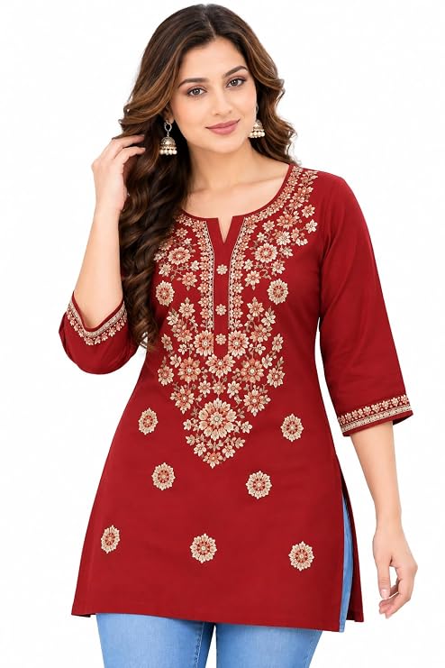 LIBOZA Kurti for Women - Short Chikankari Kurtis for Girls, Lakhnawi Red