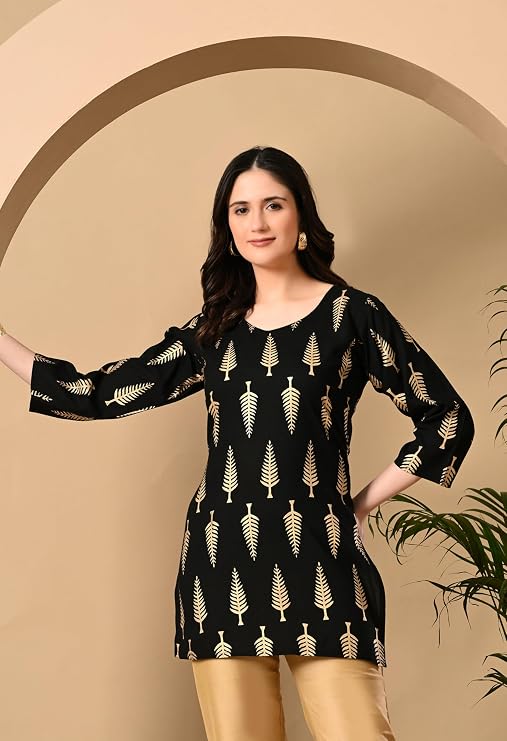 LIBOZA Short Kurti for Women for Jeans, Rayon Cotton Kurtis for Ladies, Gold Printed U Neck Women's Tunic Design Kurta, Top Floral Kurtas for Woman