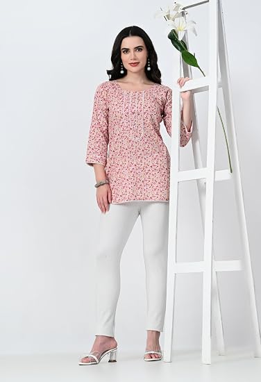 Jaipuri Round Neck Women's Tunic Design Kurta-Pink
