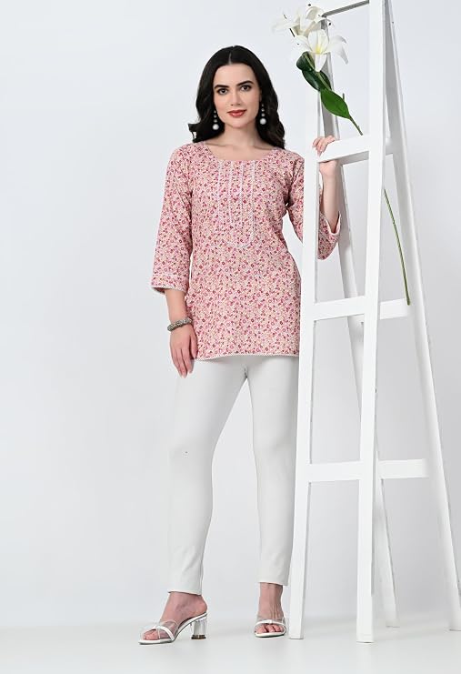 LIBOZA Short Kurti for Women for Jeans, Pure Cotton Kurtis for Ladies, Jaipuri Round Neck Women's Tunic Design Kurta, Fancy Top Floral Kurtas & Tunics for Woman