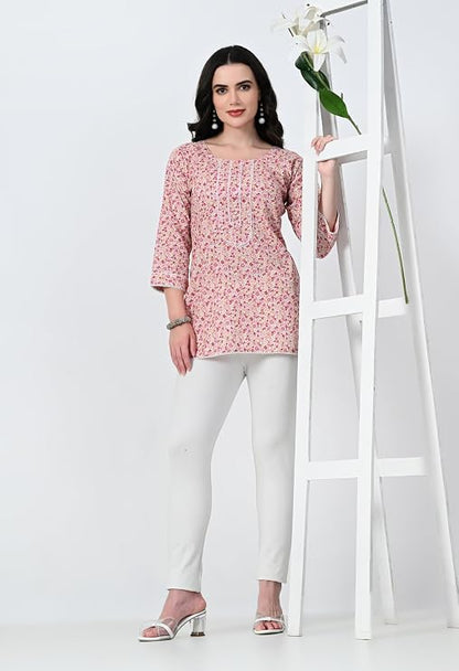 LIBOZA Short Kurti for Women for Jeans, Pure Cotton Kurtis for Ladies, Jaipuri Round Neck Women's Tunic Design Kurta, Fancy Top Floral Kurtas & Tunics for Woman