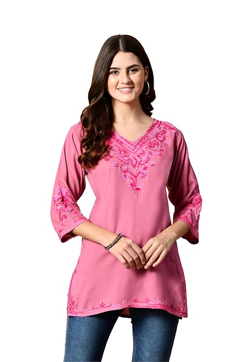LIBOZA Embroidered Kashmiri Tunic Top, Short Kurti for Women on Jeans, V-Neck, 3/4 Sleeve, Floral Design,