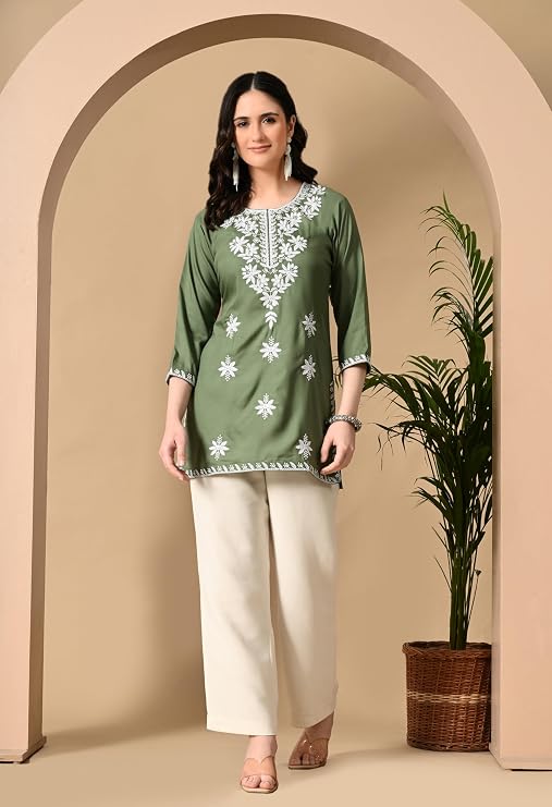 LIBOZA Women's Chikankari Embroidered Short Kurti, Rayon Fabric, Three-Quarter Sleeves, Available in Pink, Black, Mustard Yellow, White, Pista and Green