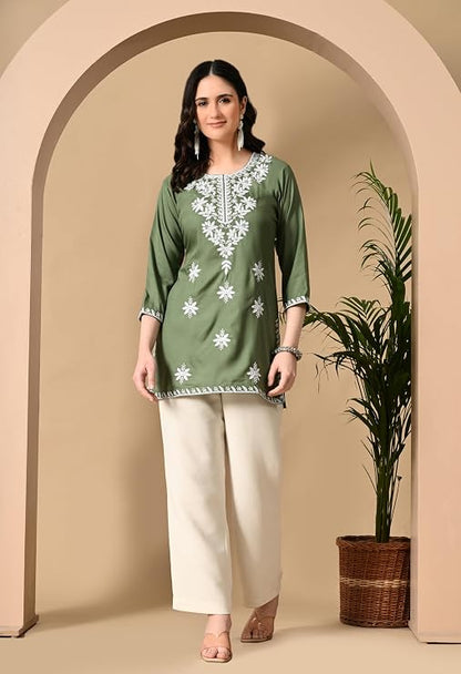 LIBOZA Women's Chikankari Embroidered Short Kurti, Rayon Fabric, Three-Quarter Sleeves, Available in Pink, Black, Mustard Yellow, White, Pista and Green
