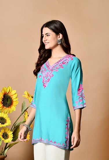 Embroidered Kashmiri Short Kurti -Sea Green