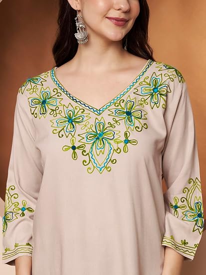 Embroidered Chikankari Kurti for Women - Beige1