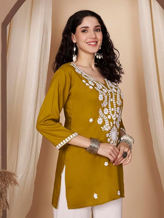 Short Kurti for Women for Jeans, Chikankari Kurtis for Ladies, Lakhnavi V- Neck Women's Tunic Design Kurta, Floral Kurtas & Tunics for Woman