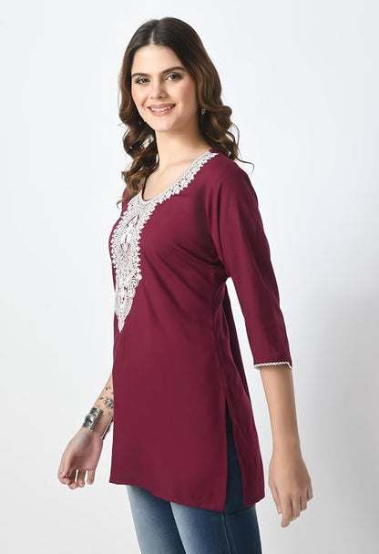 LIBOZA Short Kurti for Women – Lakhnowi Chikankari Embroidered Ladies Kurta, Stylish Girls Top, Ethnic Half Kurtas, Tunic Design Woman Kurtis Purple