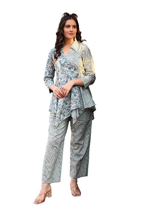 LIBOZA Women's Floral Print Cotton Angrakha Kurta with Pant Set – Stylish Ethnic Wear for All Occasions, Comfortable & Trendy Design