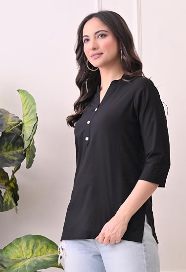Women Cotton Short Kurta V-Neck with Button-Black