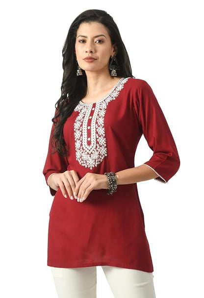 LIBOZA Short Kurta for Women – Lakhnowi Chikankari Embroidered Ladies Kurti, Ethnic Half Kurtas, Stylish Girls Top, Tunic Design Woman Kurtis