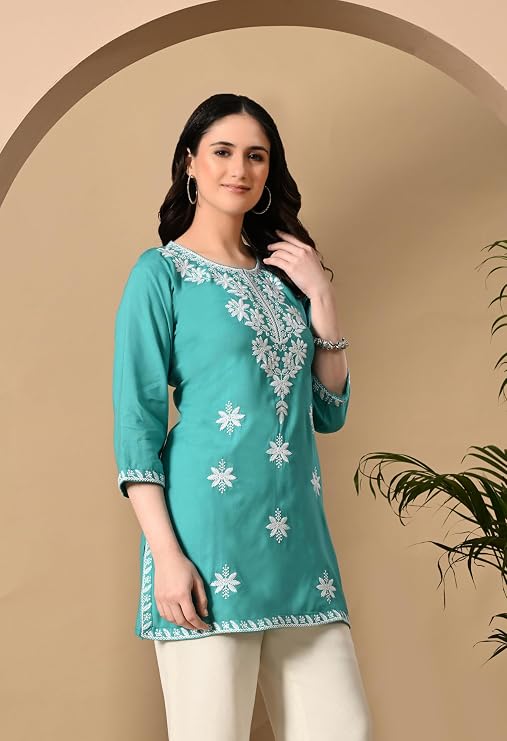 Women's Chikankari Embroidered Short Kurti, Rayon Fabric, Three-Quarter Sleeves, Available in Pink, Black, Mustard Yellow, White, Pista and Green