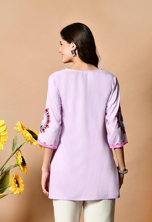 LIBOZA Embroidered Kashmiri Tunic Top, Short Kurti for Women on Jeans, V-Neck, 3/4 Sleeve, Floral Design,