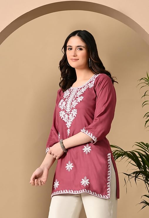 LIBOZA Women's Chikankari Embroidered Short Kurti, Rayon Fabric, Three-Quarter Sleeves, Available in Pink, Black, Mustard Yellow, White, Pista and Green