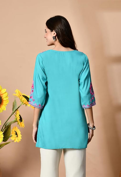 LIBOZA Embroidered Kashmiri Tunic Top, Short Kurti for Women on Jeans, V-Neck, 3/4 Sleeve, Floral Design,