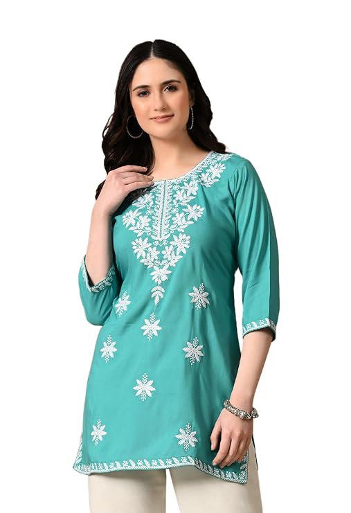 Women's Chikankari Embroidered Short Kurti, Rayon Fabric, Three-Quarter Sleeves, Available in Pink, Black, Mustard Yellow, White, Pista and Green