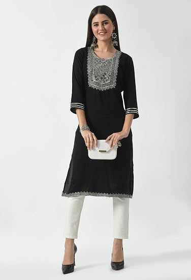 Embroidered Straight Design Kurtis for Woman-Black